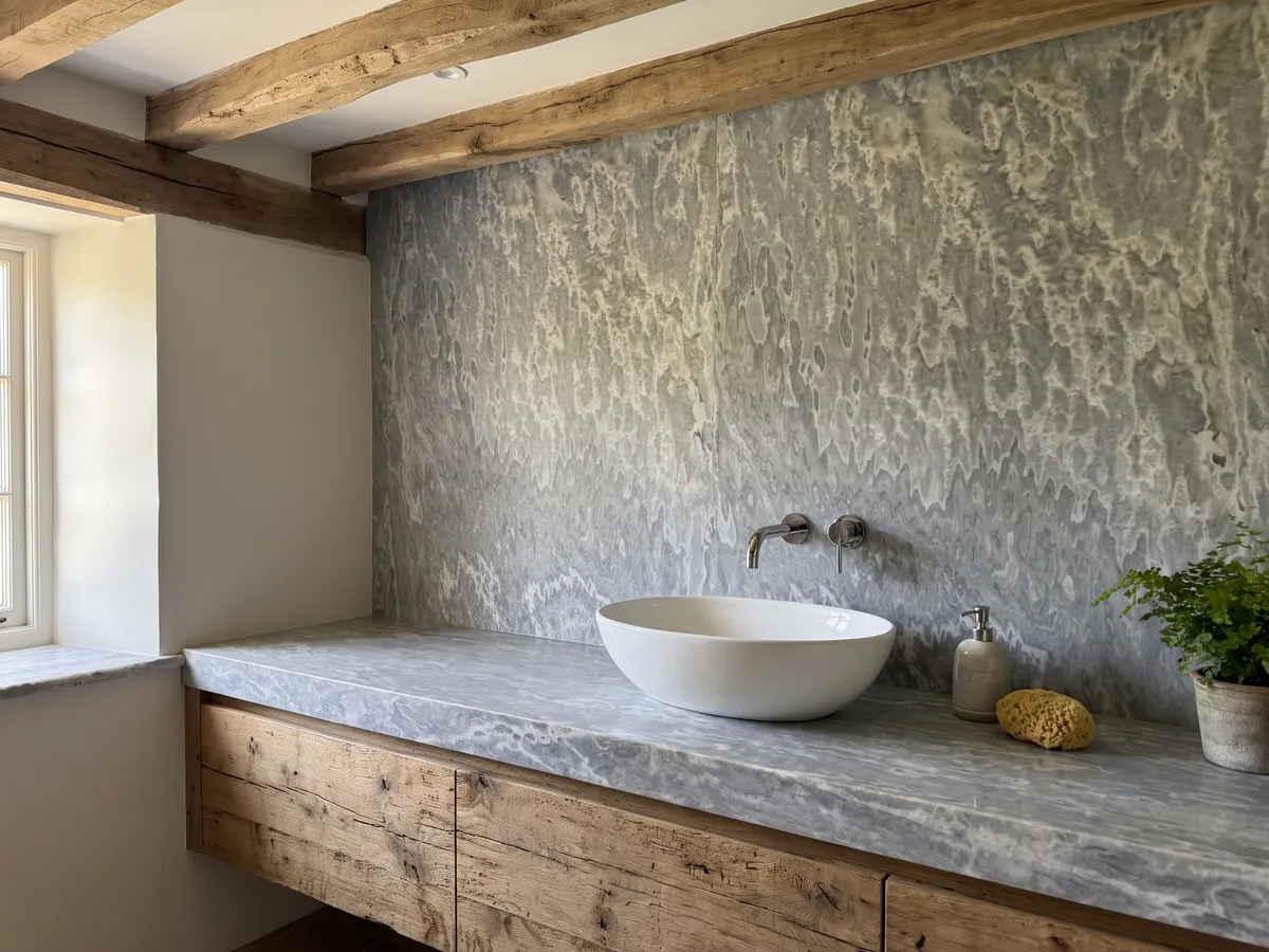Bathroom vanity top and wall in Vulcano onyx with a white sink and chrome faucet: bluish gray with wavy light patches that fall in vertical lines