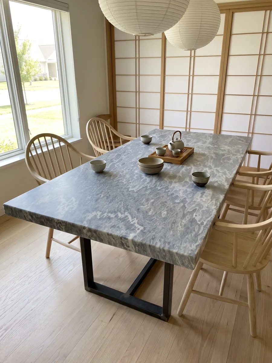 Dining table with a Vulcano onyx top on a steel base: bluish gray with wavy light patches that fall in vertical lines