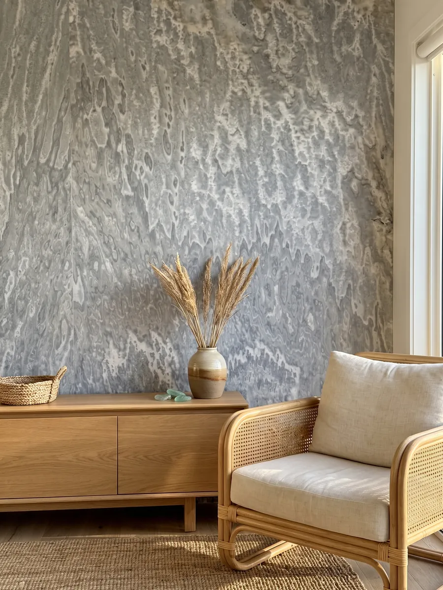 Accent wall clad in Vulcano onyx above a low wooden cabinet: bluish gray with wavy light patches that fall in vertical lines
