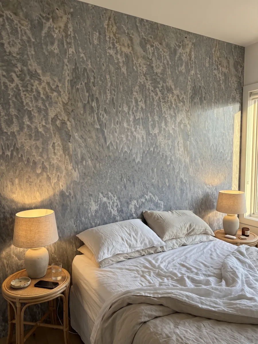 Bedroom headboard wall clad in Vulcano onyx with nightstands: bluish gray with wavy light patches that fall in vertical lines