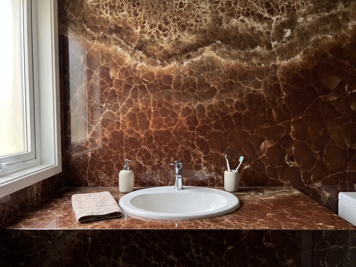 Vanity top and bathroom wall in Brown Onyx with a white sink and chrome faucets: deep brown covered by a fine network of light lines and a bubbling band above