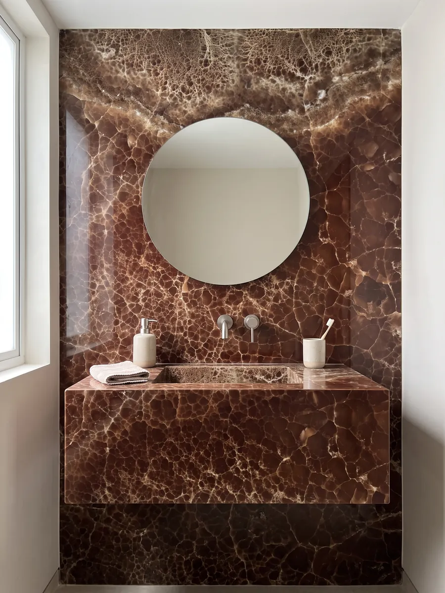 Guest bathroom with a wall and floating vanity top in Brown Onyx plus a round mirror: deep brown covered by a fine network of light lines and a bubbling band above