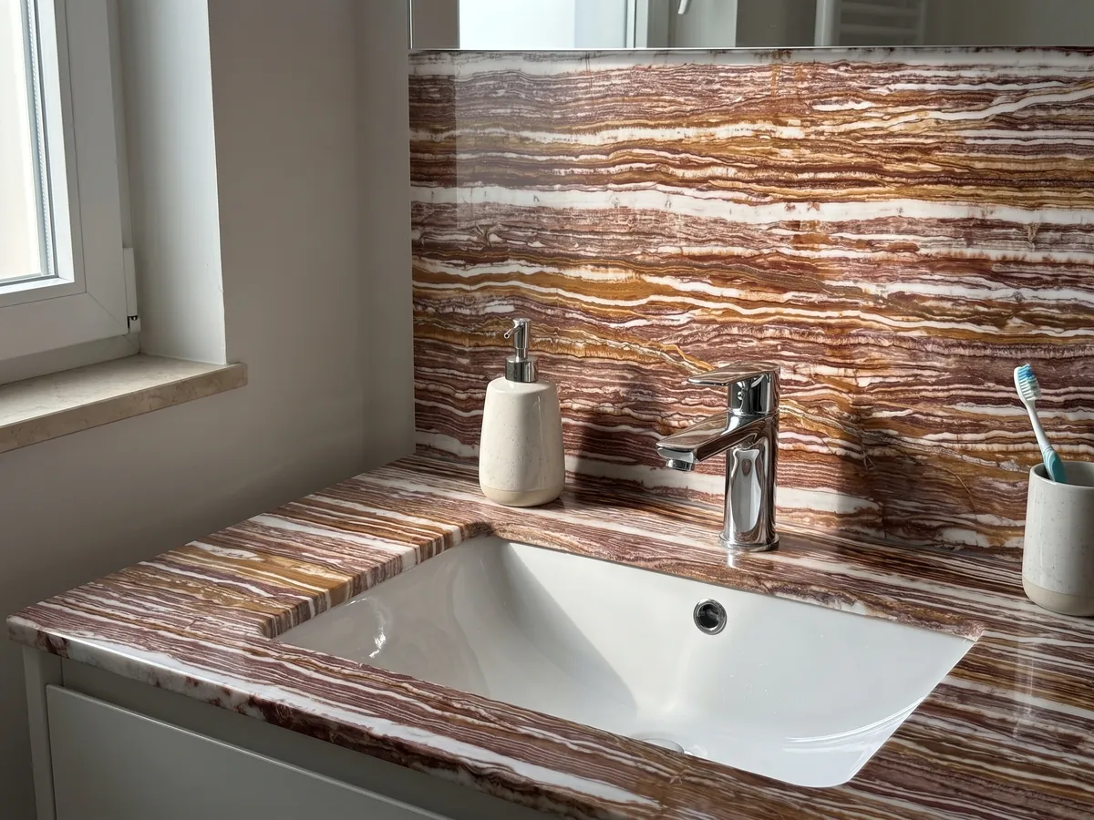 Vanity top and bathroom wall in brown Fantastico onyx with a white sink and chrome fixtures: strongly marked alternating horizontal bands of white, reddish and ochre