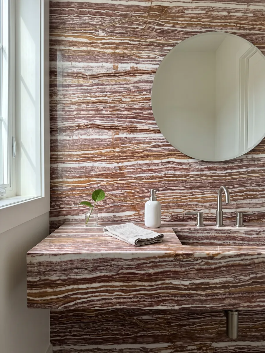 Guest bathroom with a wall and a floating vanity in brown Fantastico onyx and a round mirror: strongly marked alternating horizontal bands of white, reddish and ochre