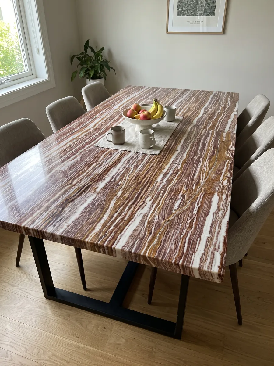 Dining table with a brown Fantastico onyx top on a steel base: strongly marked alternating horizontal bands of white, reddish and ochre