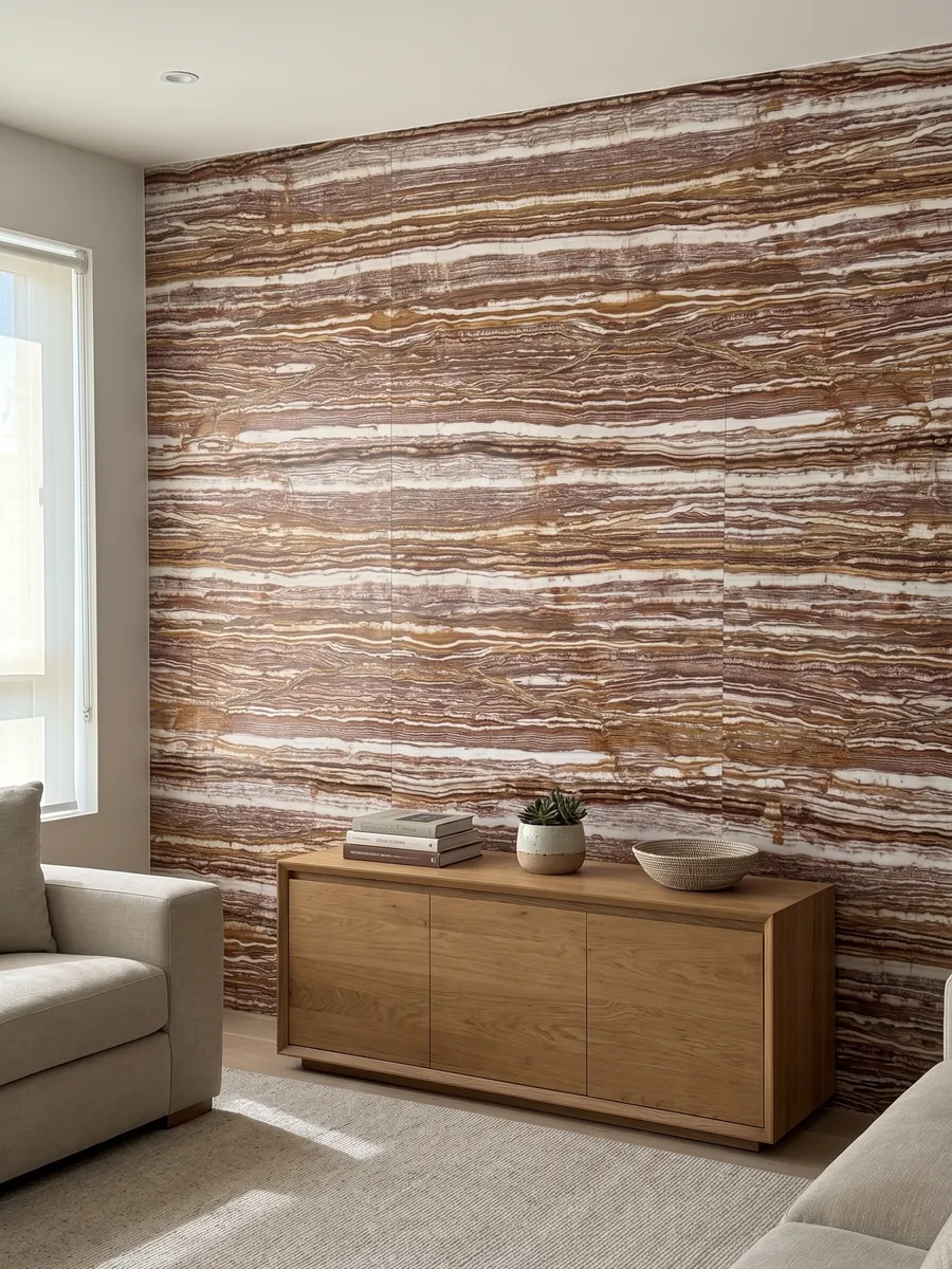 Accent wall clad in brown Fantastico onyx above a low wood cabinet: strongly marked alternating horizontal bands of white, reddish and ochre