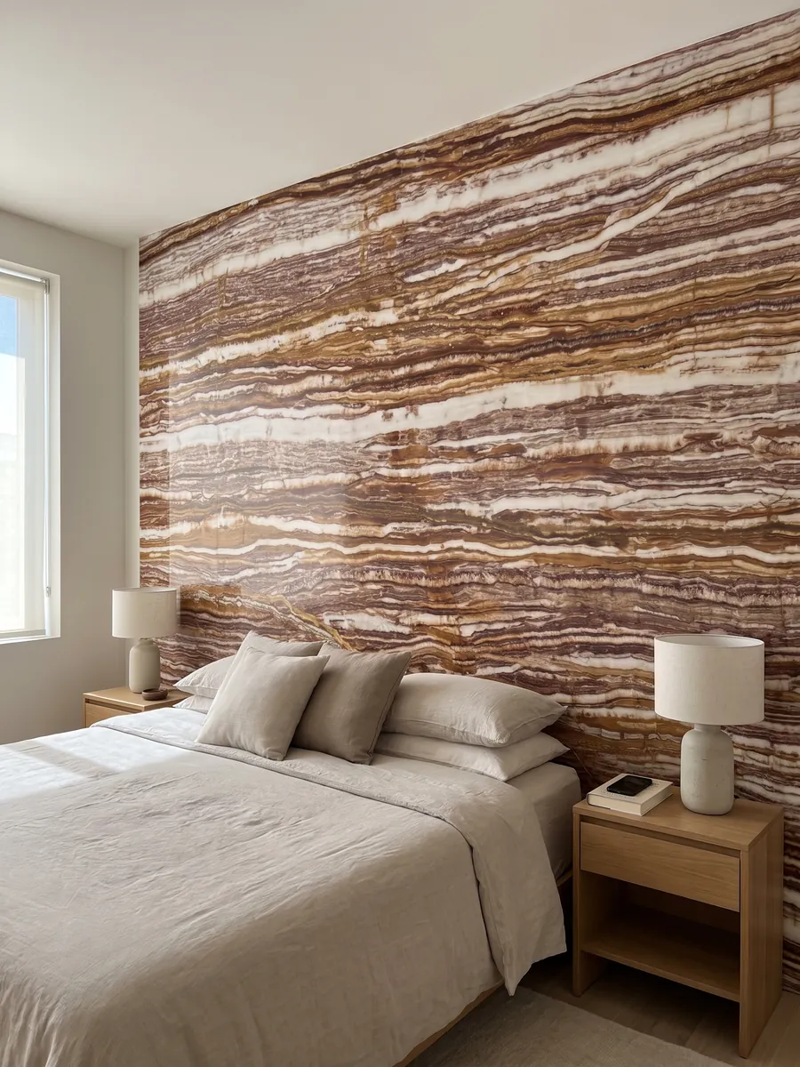 Bedroom headboard wall clad in brown Fantastico onyx with nightstands: strongly marked alternating horizontal bands of white, reddish and ochre