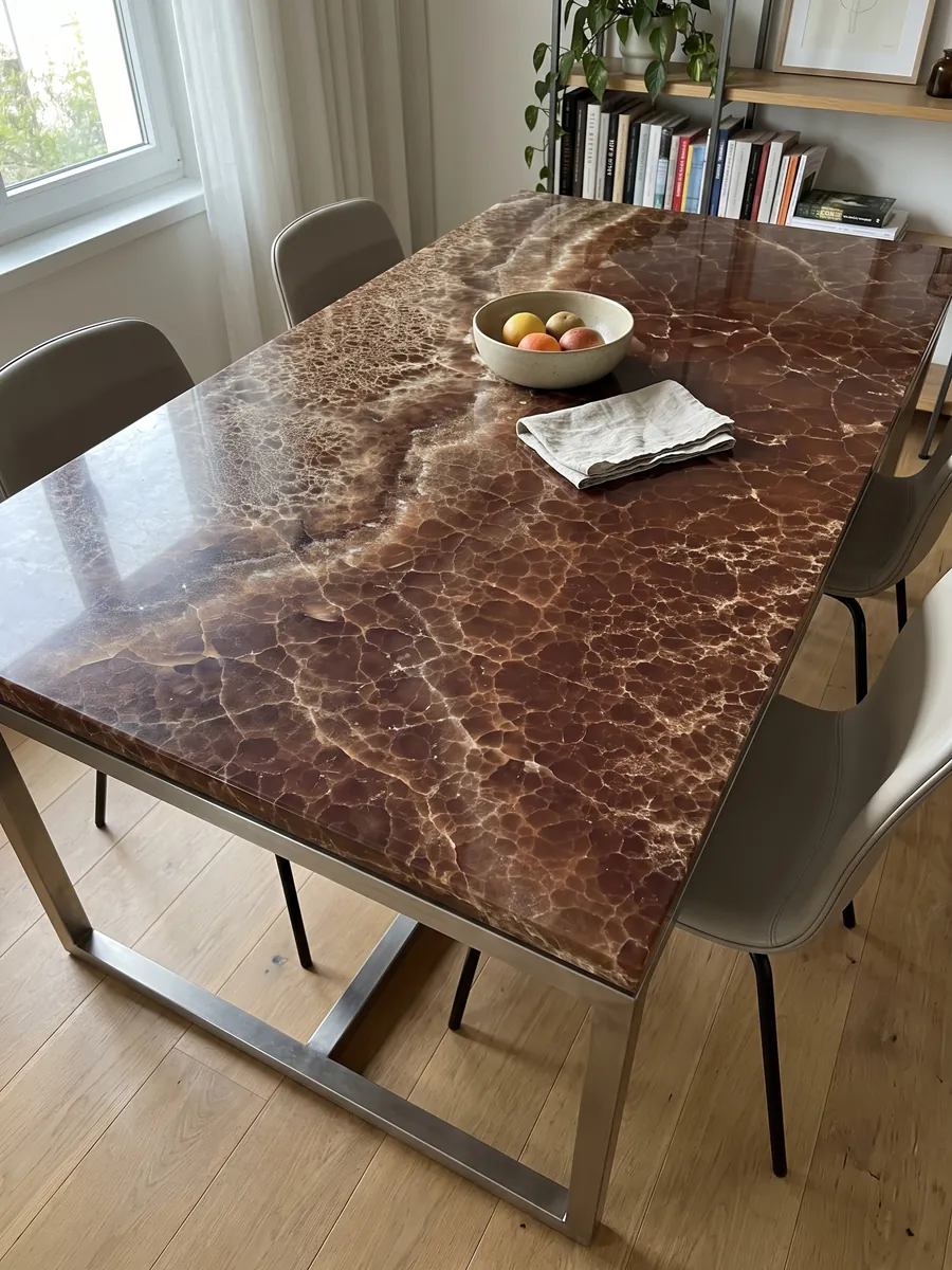 Dining table with a Brown Onyx top on a steel base: deep brown covered by a fine network of light lines and a bubbling band above