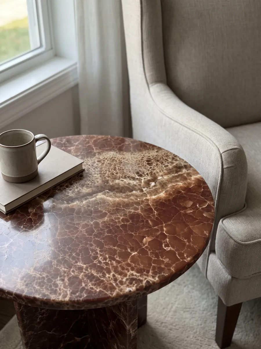 Side table with a Brown Onyx top next to an armchair: deep brown covered by a fine network of light lines and a bubbling band above
