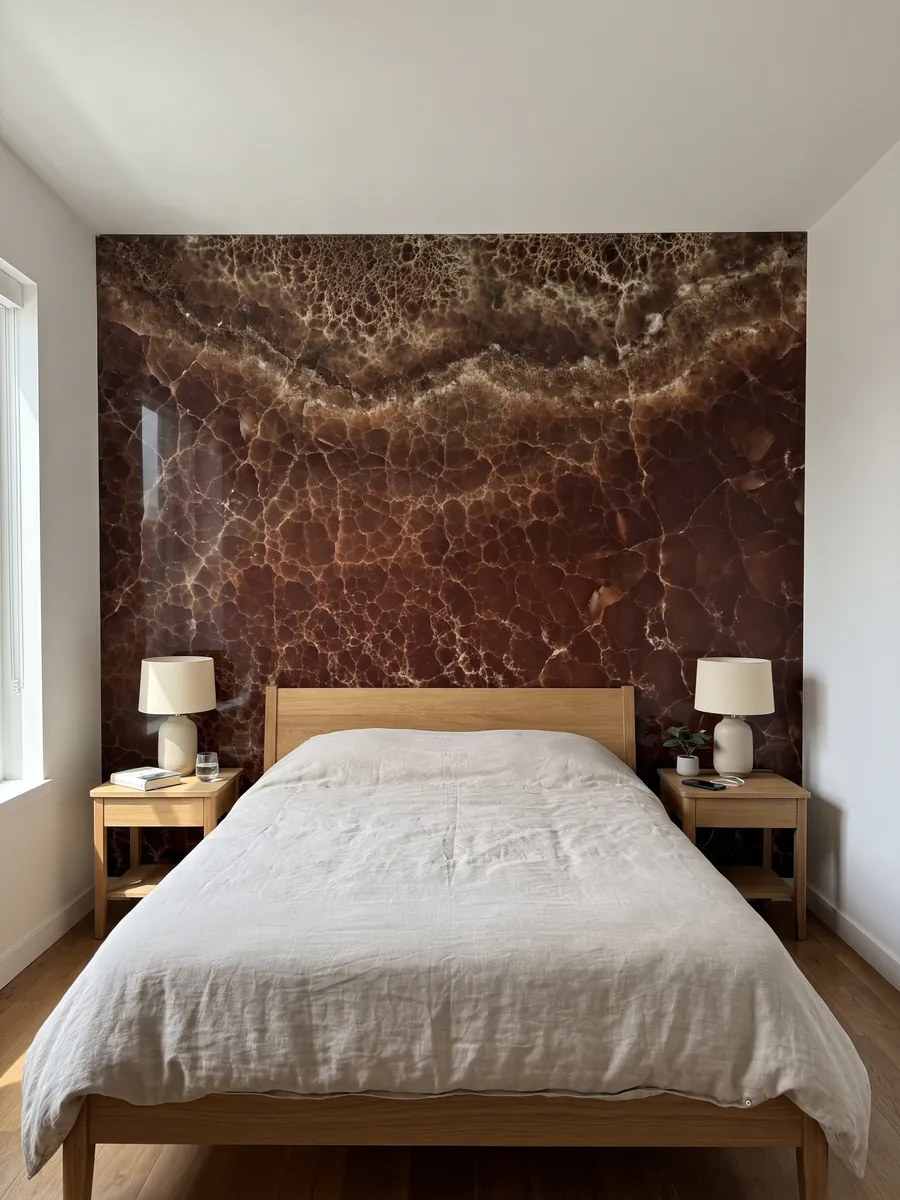 Bedroom headboard wall clad in Brown Onyx with nightstands: deep brown covered by a fine network of light lines and a bubbling band above