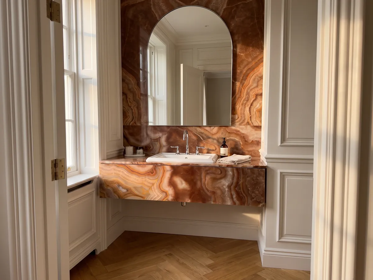 Vanity top and bathroom wall in Sultano brown onyx with a white sink and chrome faucets: rust brown with very defined concentric orange and cream rings
