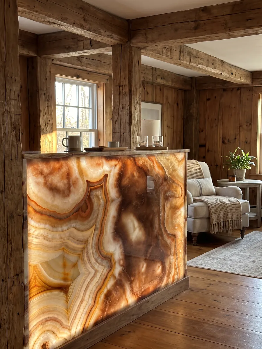 Bar with a backlit Sultano brown onyx front, the light passing through the stone: rust brown with very defined concentric orange and cream rings