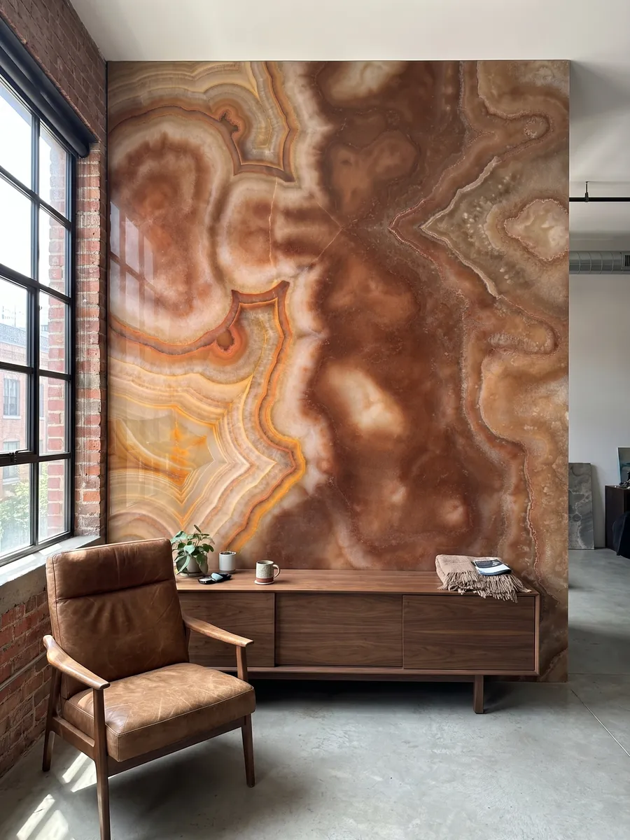 Accent wall clad in Sultano brown onyx above a low wooden cabinet: rust brown with very defined concentric orange and cream rings