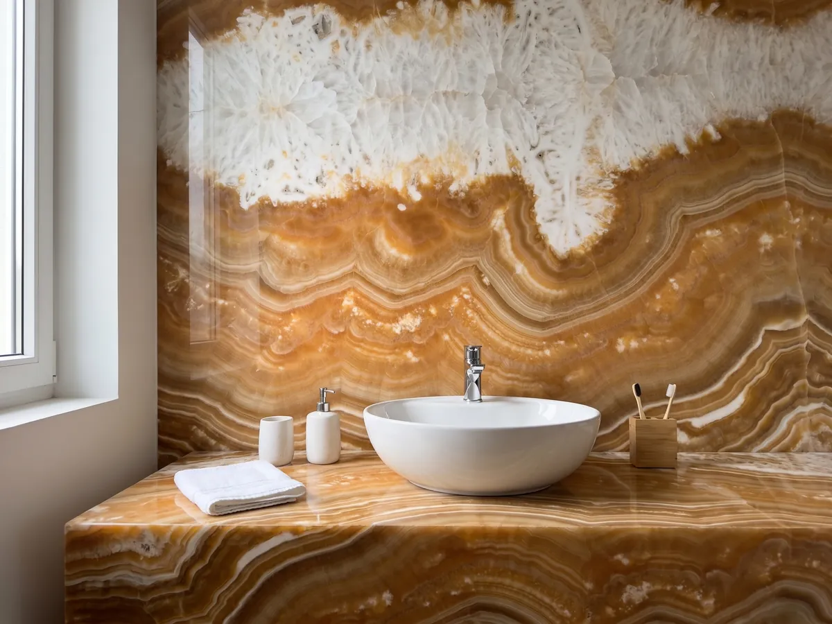 Vanity top and bathroom wall in orange Arancio onyx with a white sink and chrome fixtures: wavy orange and amber bands forming one large curve under a crystalline white area
