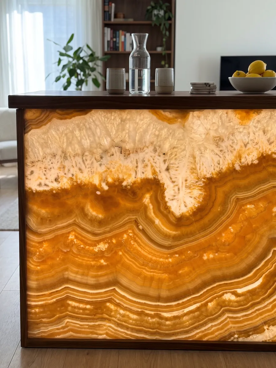 Bar with a backlit orange Arancio onyx front, the light passing through the stone: wavy orange and amber bands forming one large curve under a crystalline white area