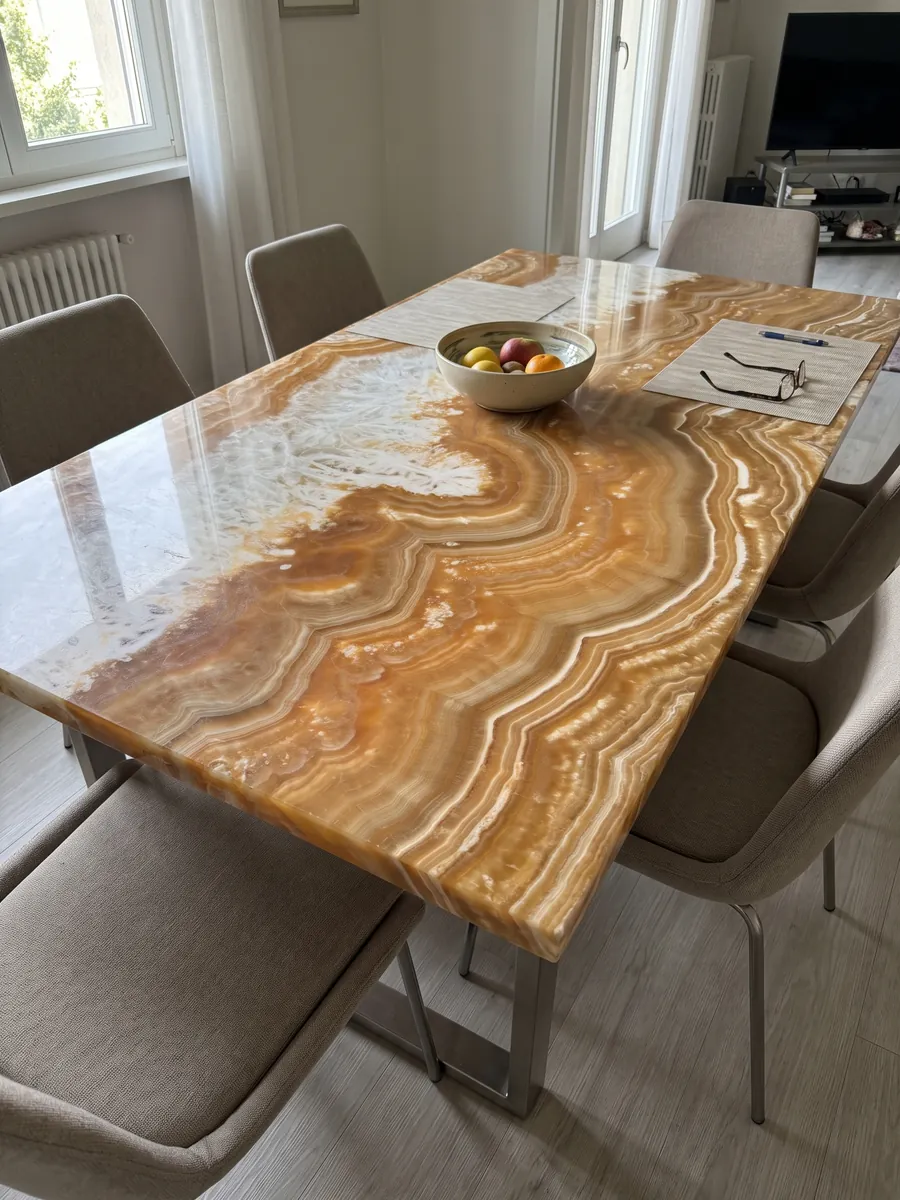 Dining table with an orange Arancio onyx top on a steel base: wavy orange and amber bands forming one large curve under a crystalline white area