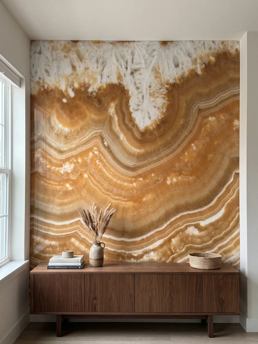 Accent wall clad in orange Arancio onyx above a low wooden cabinet: wavy orange and amber bands forming one large curve under a crystalline white area