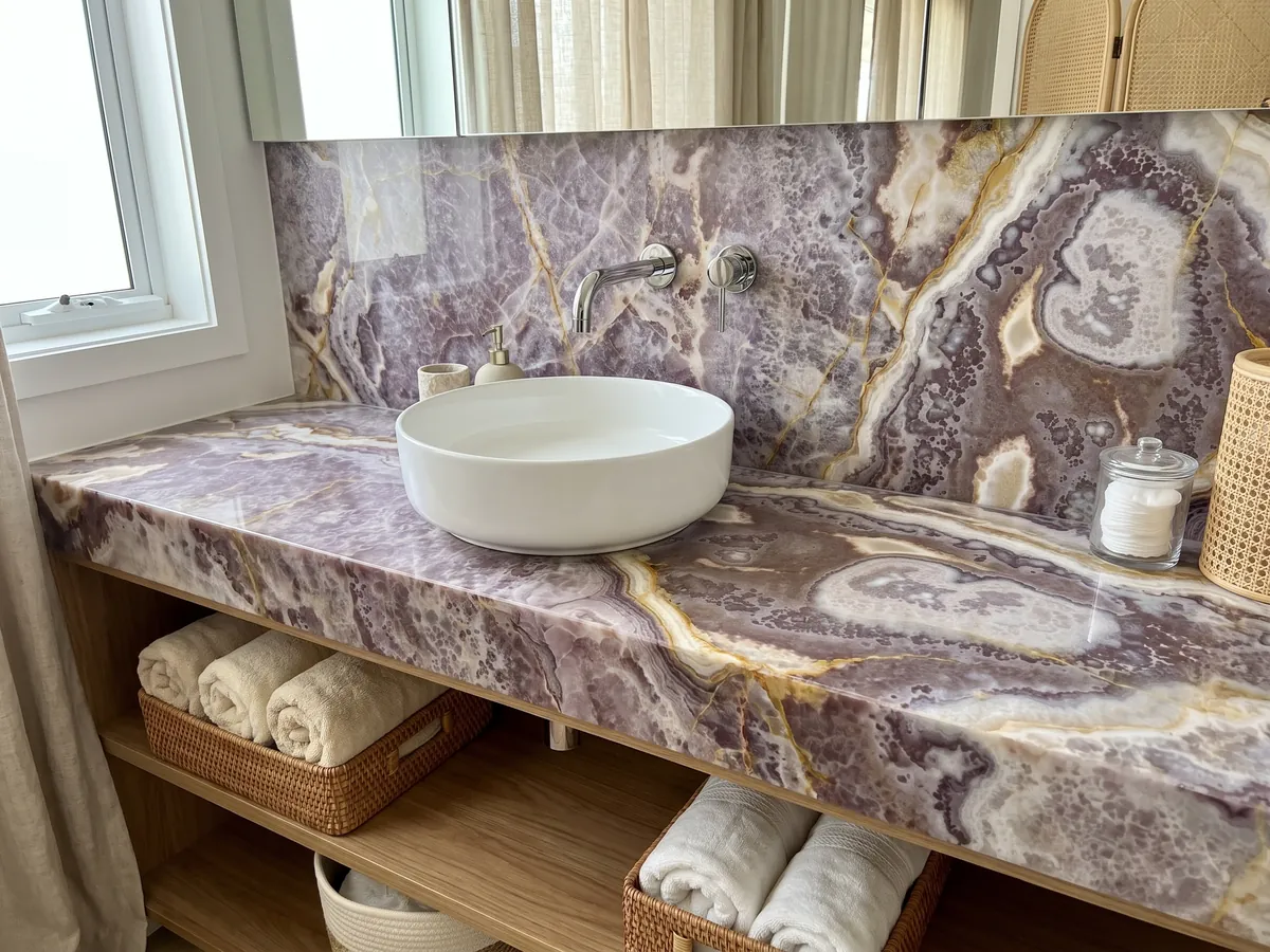 Vanity top and bathroom wall in black onyx with a white sink and chrome faucet: it does not look black: violet with lilac and white areas and fine golden veins
