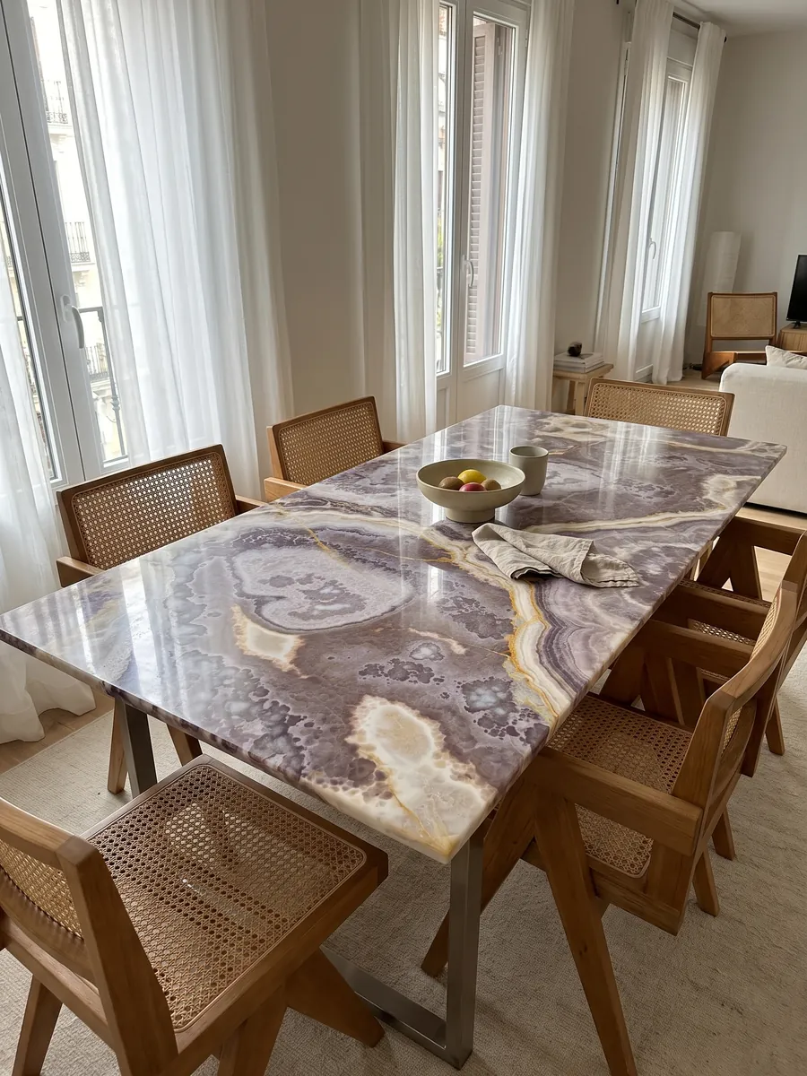 Dining table with a black onyx top on a steel base: it does not look black: violet with lilac and white areas and fine golden veins