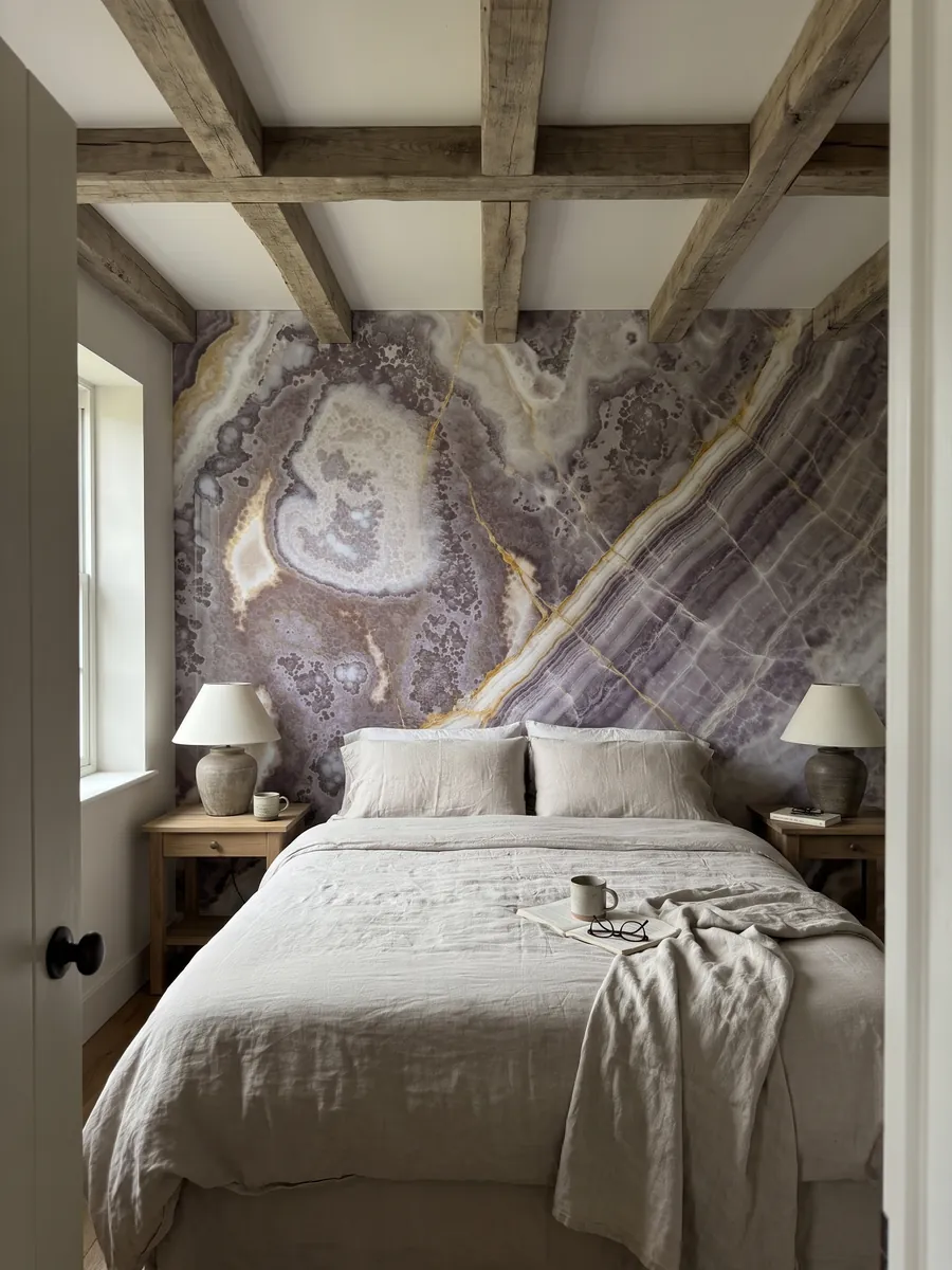 Bedroom headboard wall clad in black onyx with nightstands: it does not look black: violet with lilac and white areas and fine golden veins