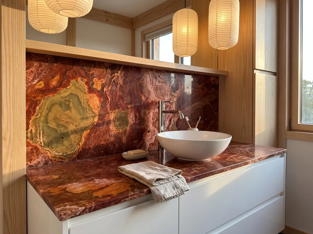 Vanity top and bathroom wall in Red Onyx with a white sink and chrome faucets: rust red with dimensional spots and a greenish ochre zone