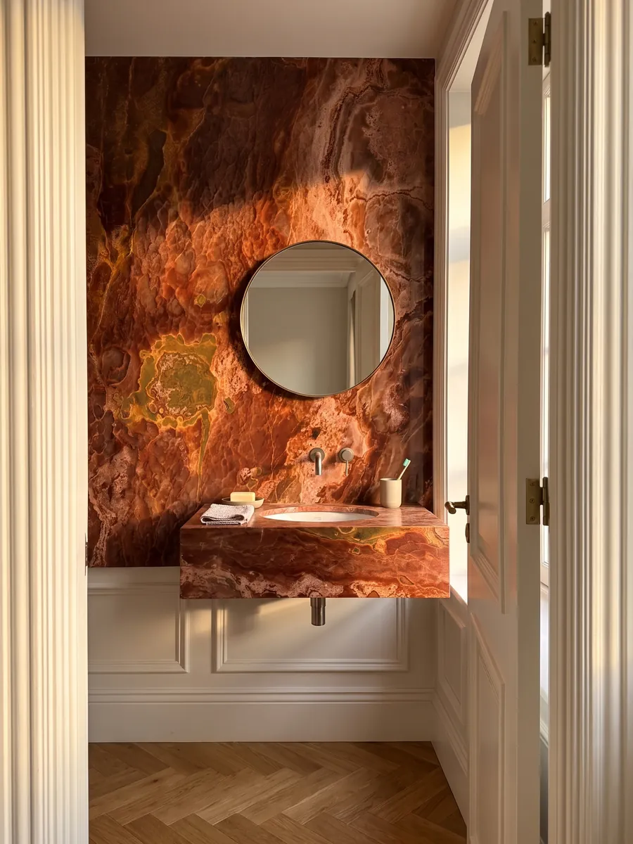 Guest bathroom with a Red Onyx wall and floating vanity top with a round mirror: rust red with dimensional spots and a greenish ochre zone