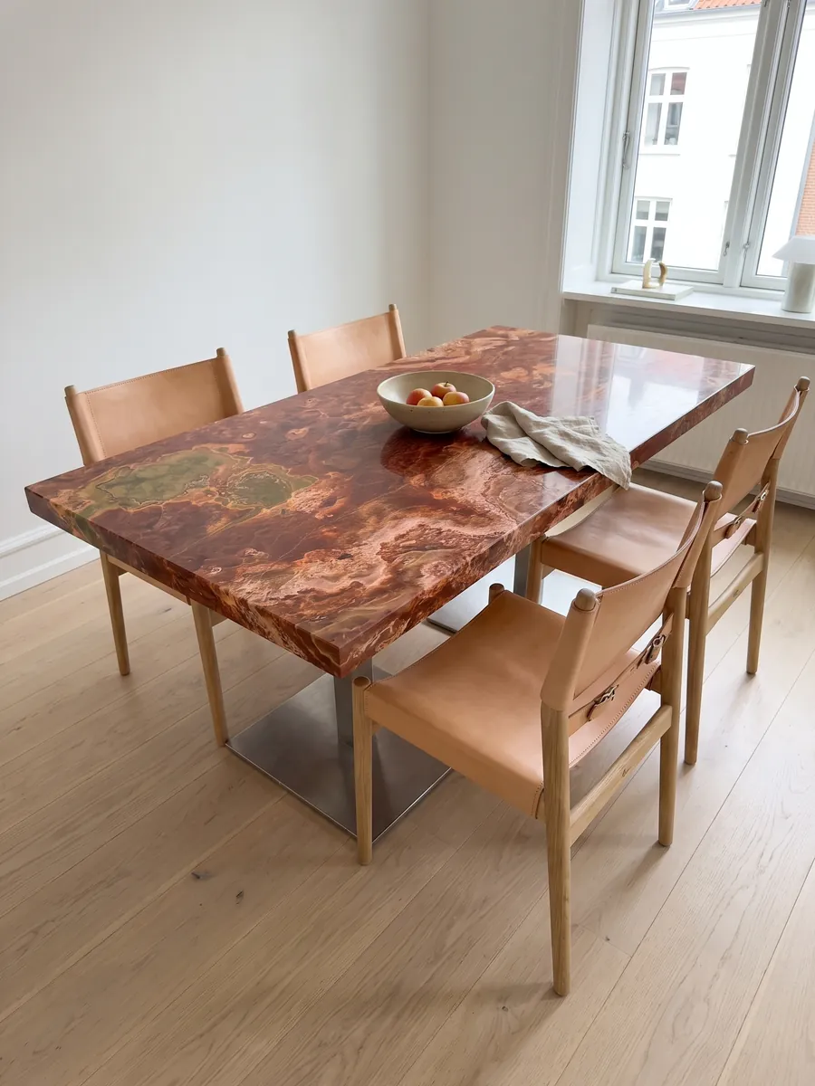 Dining table with a Red Onyx top on a steel base: rust red with dimensional spots and a greenish ochre zone