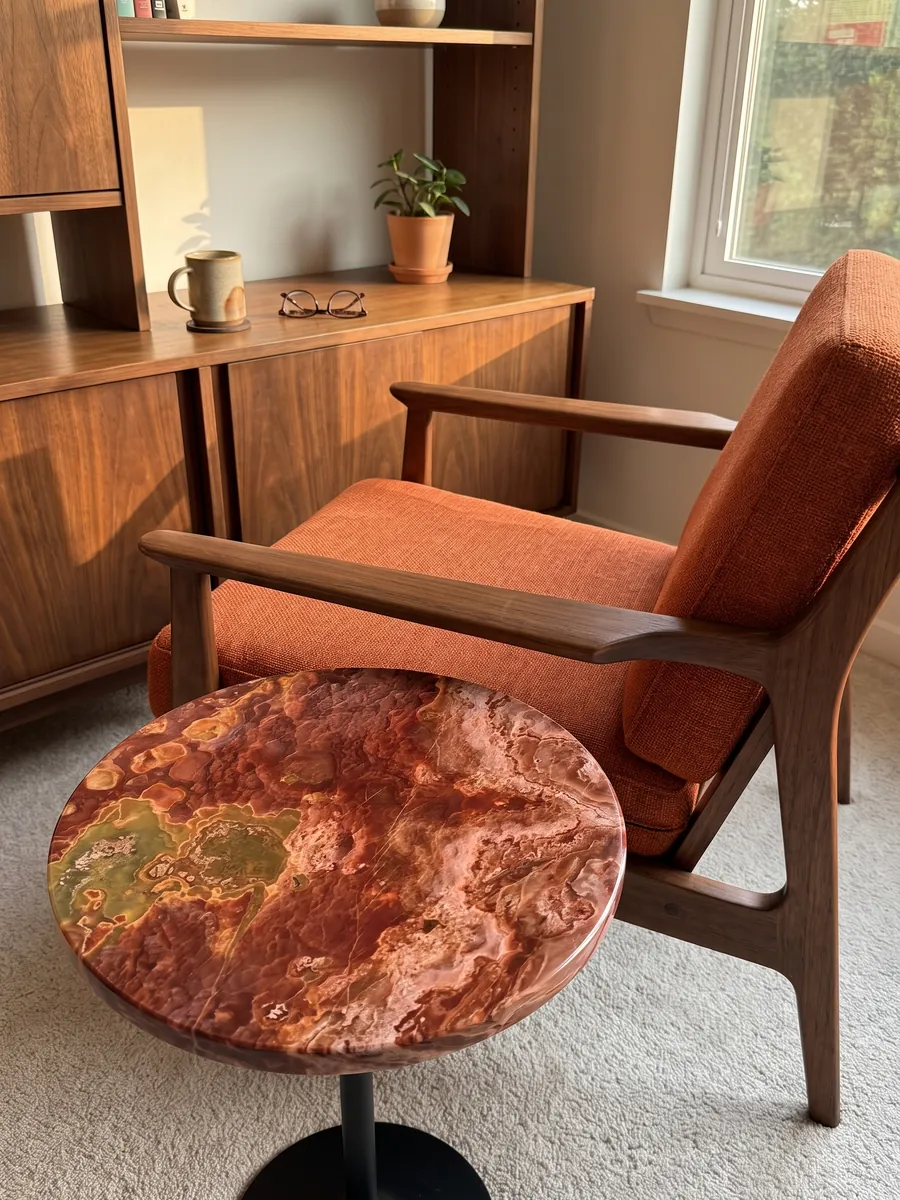 Side table with a Red Onyx top next to an armchair: rust red with dimensional spots and a greenish ochre zone