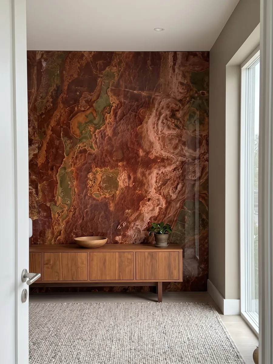 Accent wall clad in Red Onyx above a low wooden cabinet: rust red with dimensional spots and a greenish ochre zone