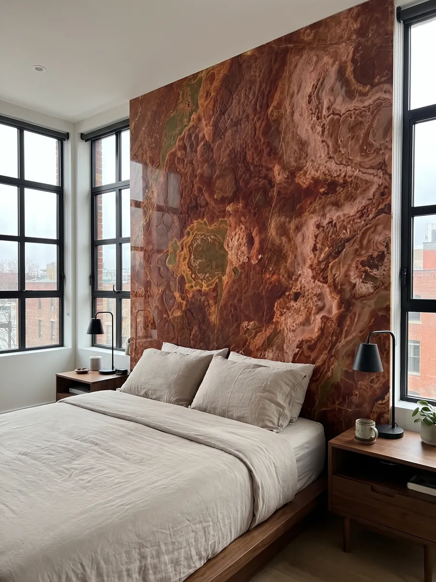 Bedroom headboard wall clad in Red Onyx with nightstands: rust red with dimensional spots and a greenish ochre zone