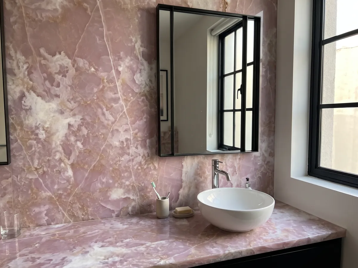 Vanity top and bathroom wall in Pink Onyx with a white sink and chrome faucets: lilac pink with white clouds and fine white lines crossing it