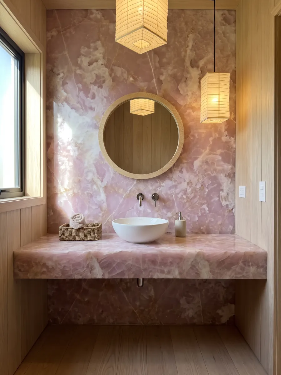 Guest bathroom with a pink onyx wall and floating vanity, round mirror: lilac pink with white clouds and fine white lines running across it