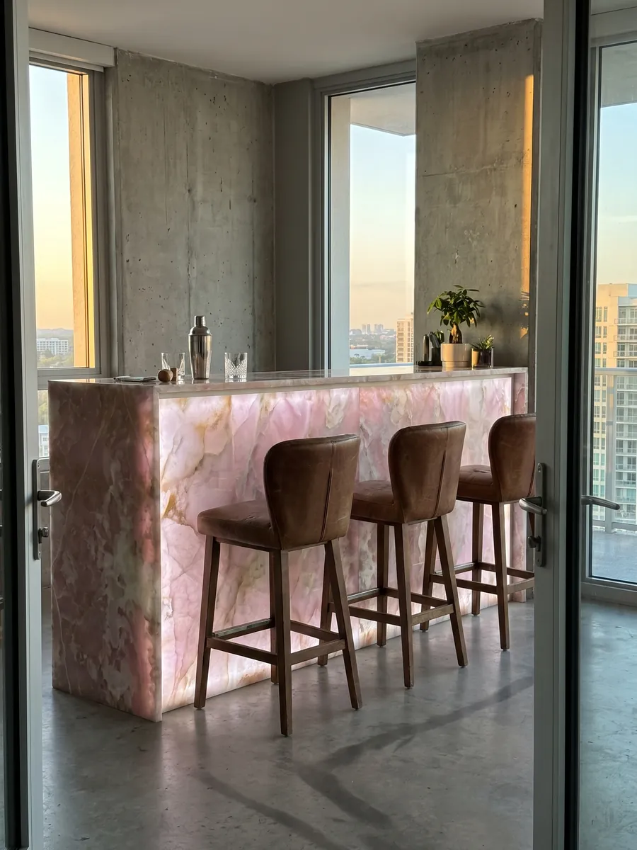 Bar with a backlit pink onyx front, the light passing through the stone: lilac pink with white clouds and fine white lines running across it