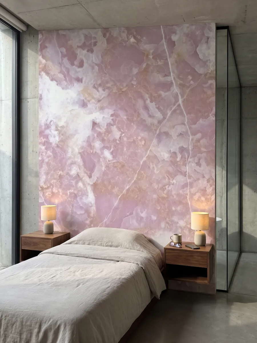 Bedroom headboard wall clad in pink onyx with nightstands: lilac pink with white clouds and fine white lines running across it