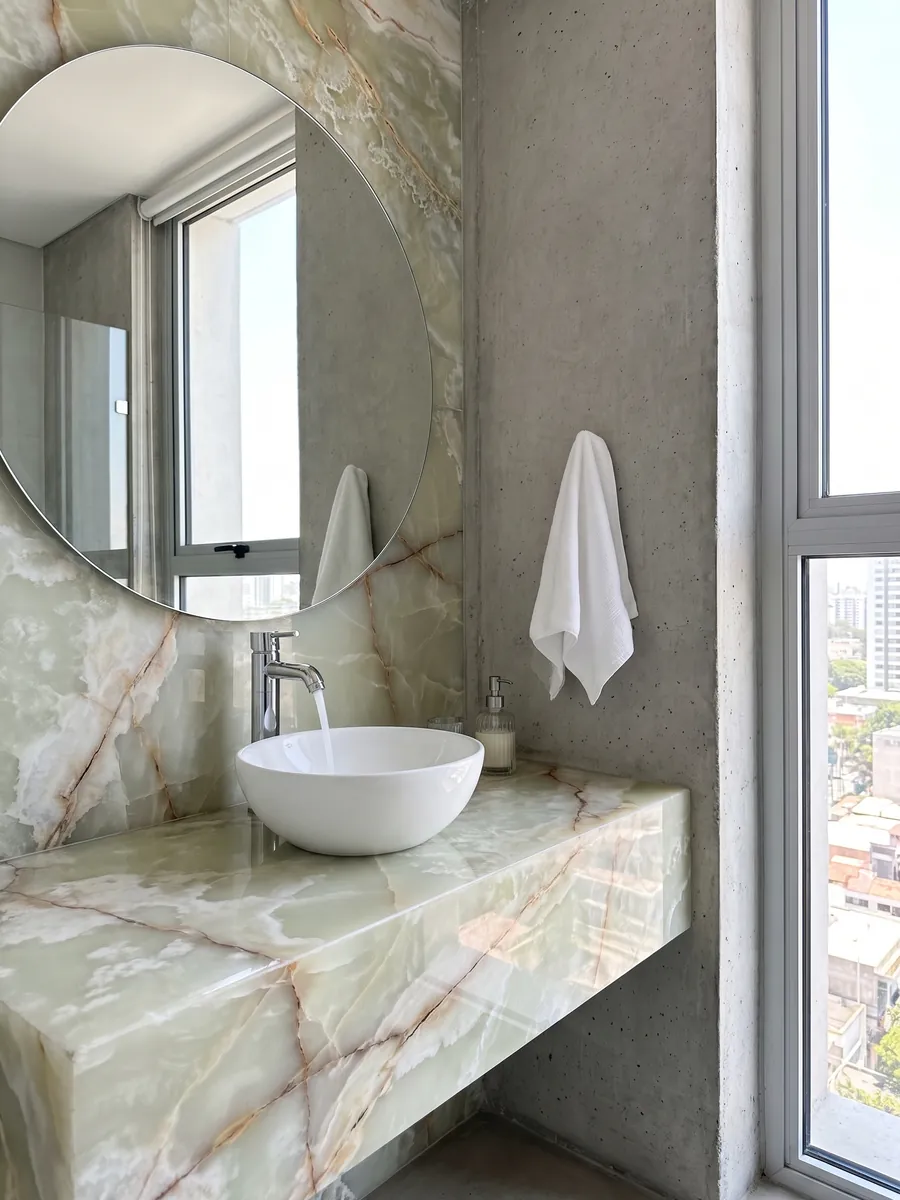 Powder room with a green onyx wall and floating vanity and a round mirror: translucent pale green with beige diagonal veins and a cream area at the top