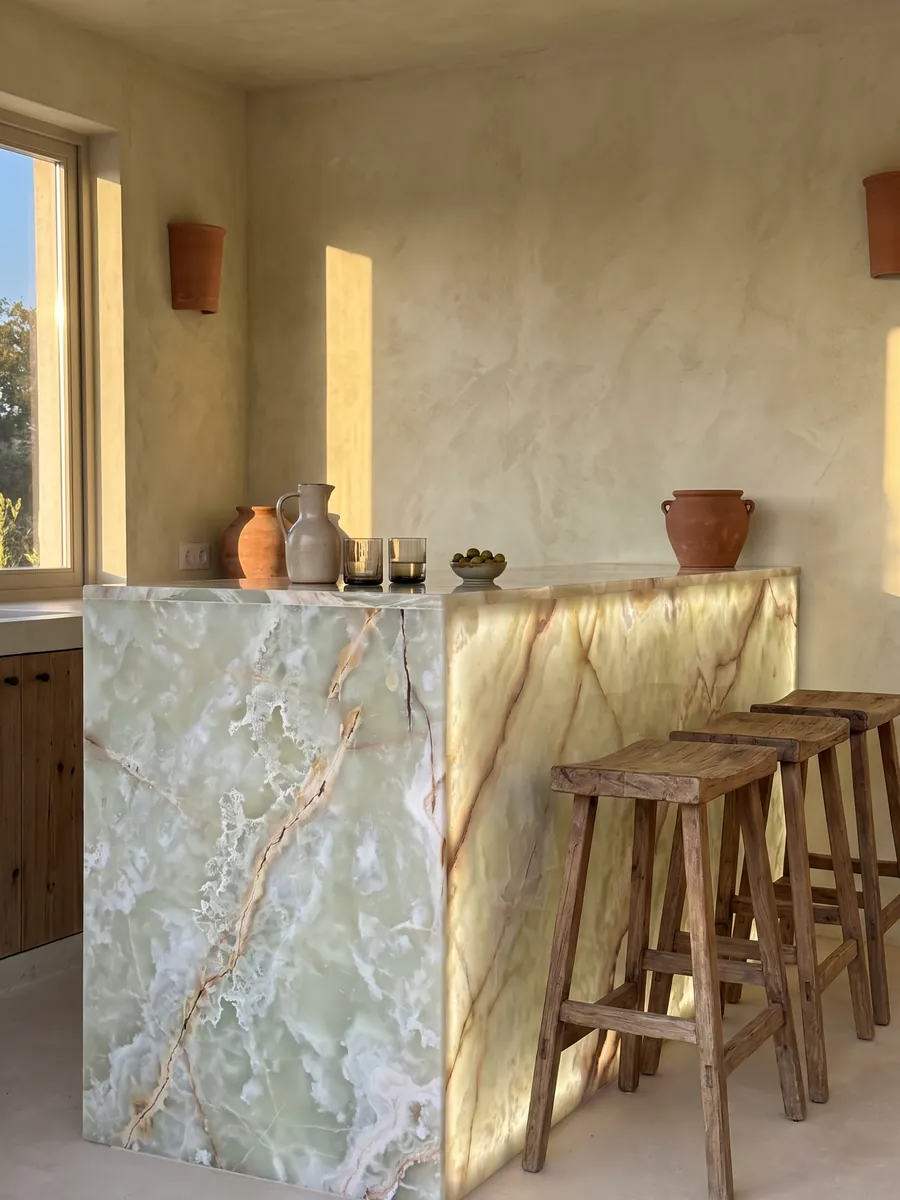 Bar with a backlit green onyx front, light passing through the stone: translucent pale green with beige diagonal veins and a cream area at the top