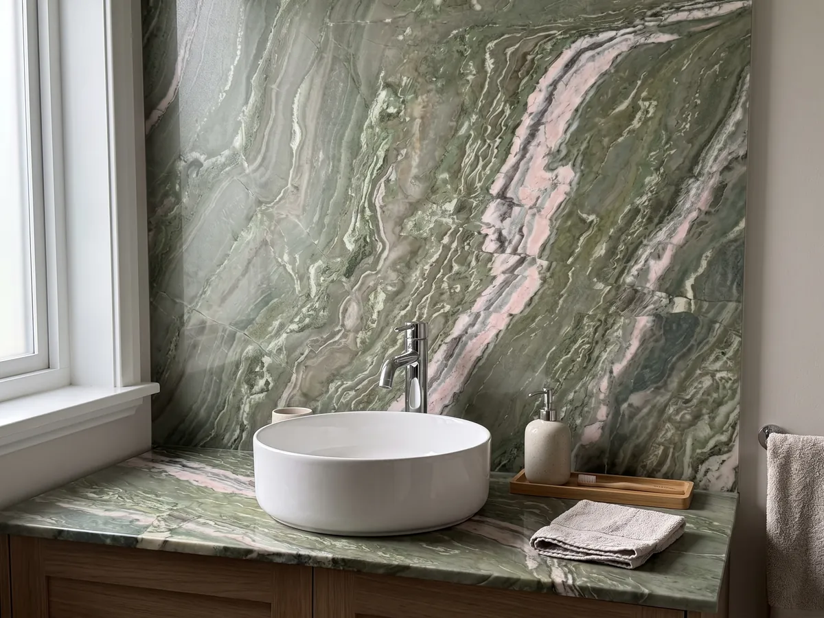 Vanity top and bathroom wall in green Brioches onyx with a white sink and chrome fixtures: green with a pink and white band crossing the slab diagonally