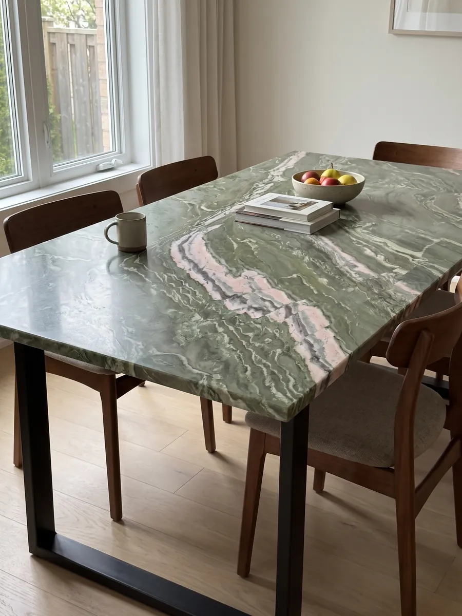 Dining table with a green Brioches onyx top on a steel base: green with a pink and white band crossing the slab diagonally