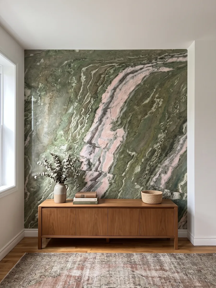 Accent wall clad in green Brioches onyx above a low wood cabinet: green with a pink and white band crossing the slab diagonally