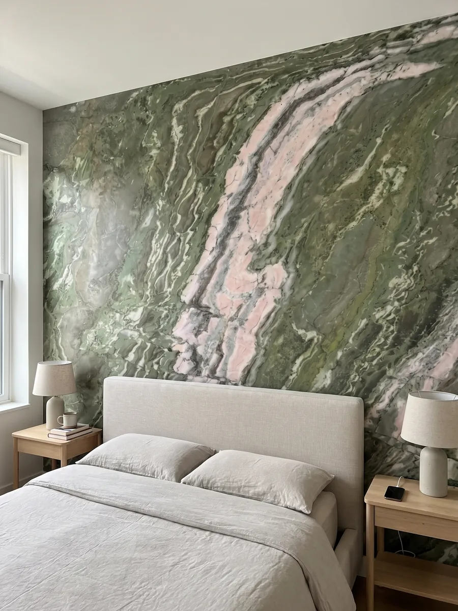 Bedroom headboard wall clad in green Brioches onyx with nightstands: green with a pink and white band crossing the slab diagonally
