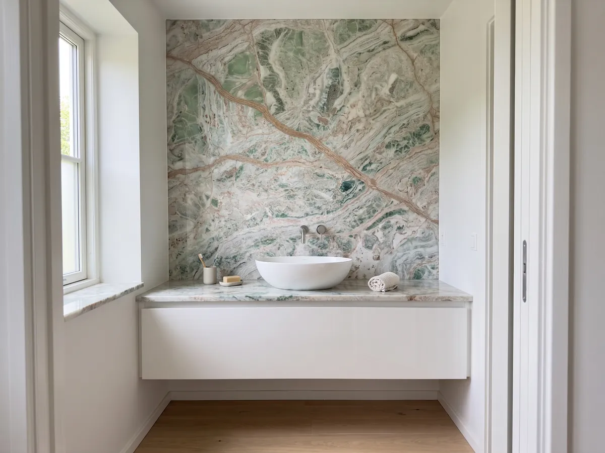 Bathroom vanity top and wall in Verde Himalaya onyx with a white sink and chrome faucet: white with mint green patches and wavy pinkish veins