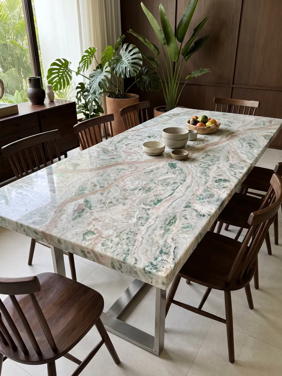 Dining table with a Verde Himalaya onyx top on a steel base: white with mint green patches and wavy pinkish veins