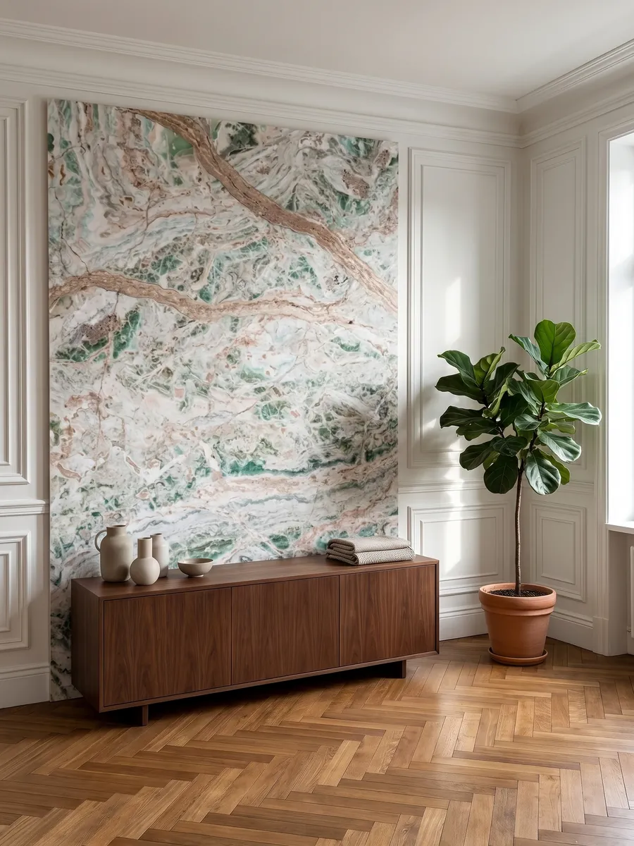Accent wall clad in Verde Himalaya onyx above a low wooden cabinet: white with mint green patches and wavy pinkish veins