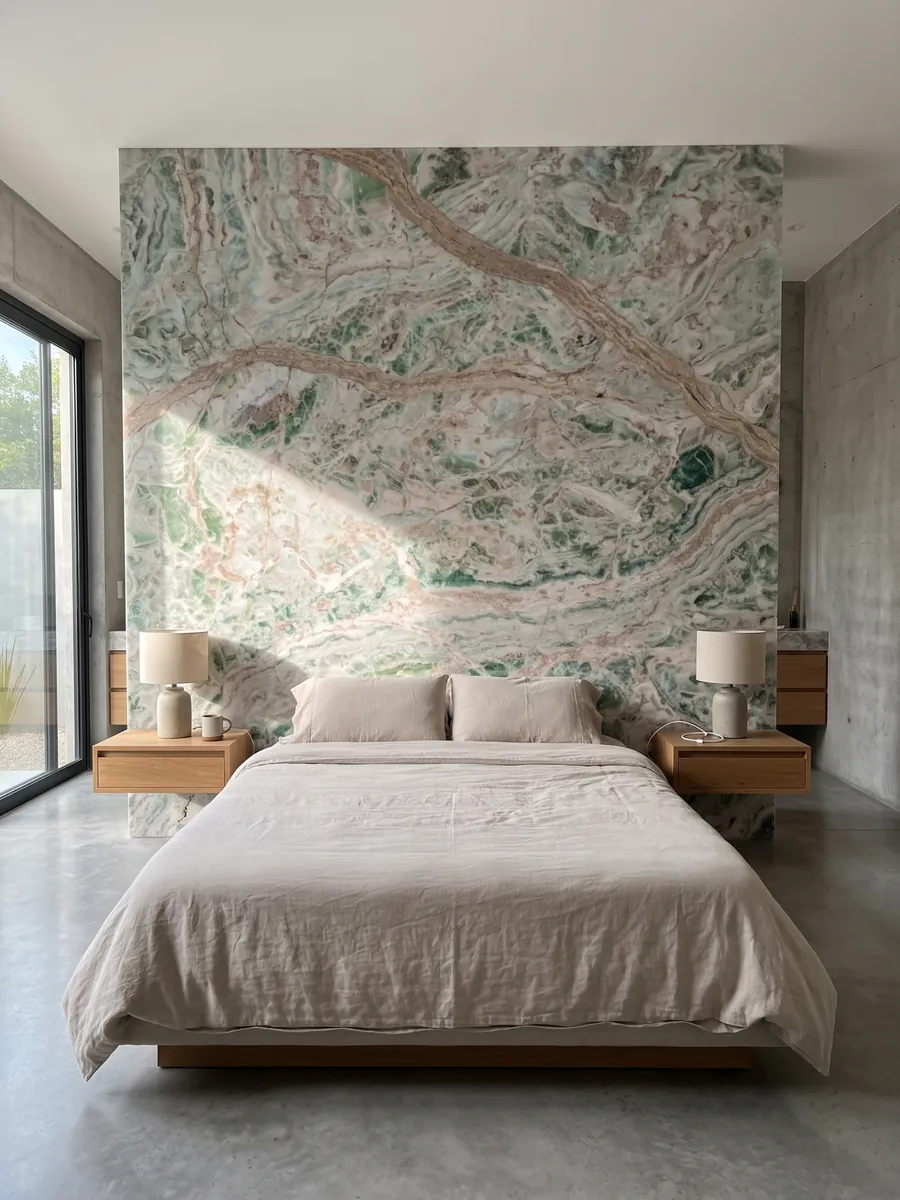 Bedroom headboard wall clad in Verde Himalaya onyx with nightstands: white with mint green patches and wavy pinkish veins
