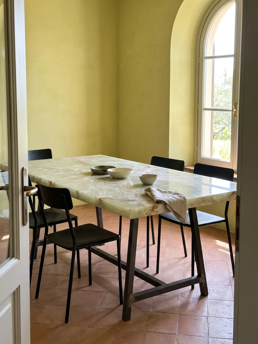 Dining table with a green onyx top on a steel base: translucent pale green with beige diagonal veins and a cream area at the top