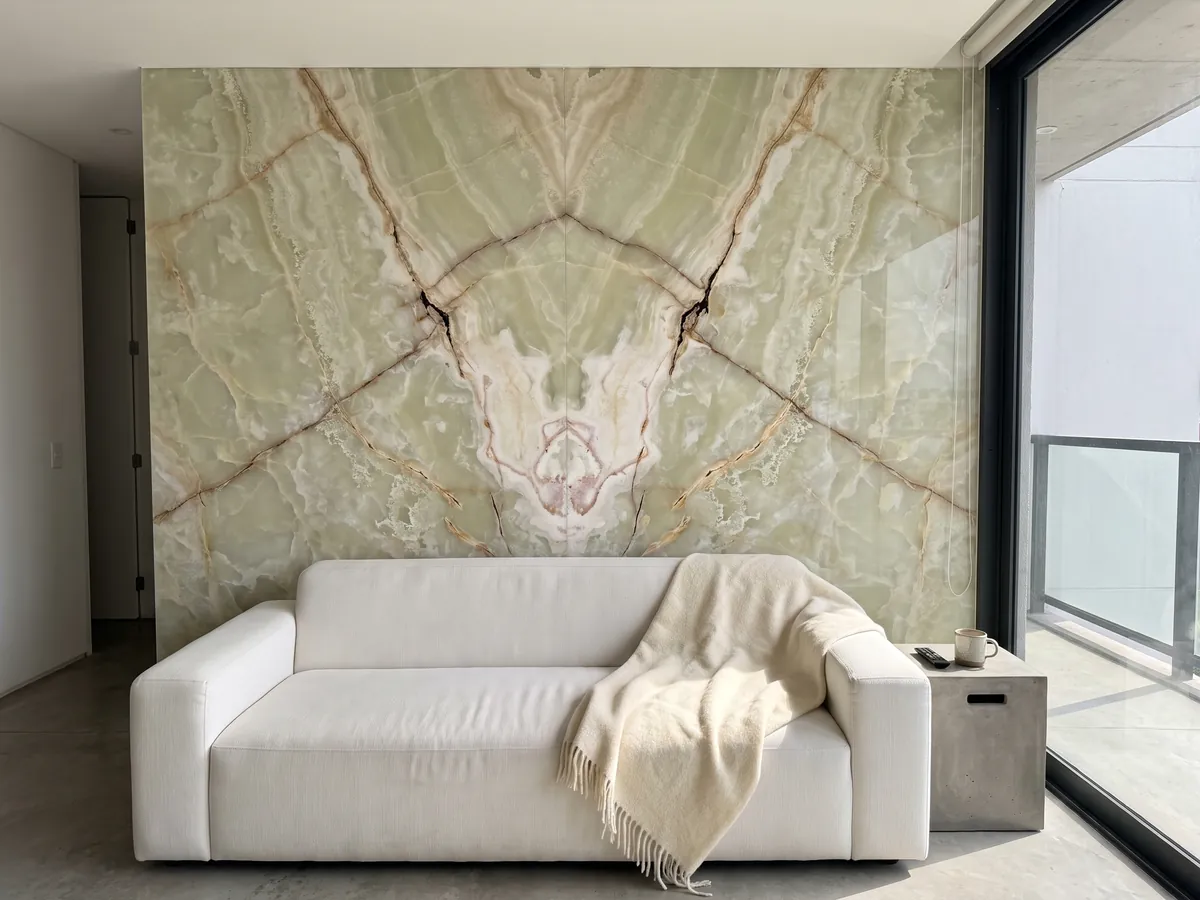 Living room wall clad in bookmatched green onyx slabs behind a sofa: translucent pale green with beige diagonal veins and a cream area at the top