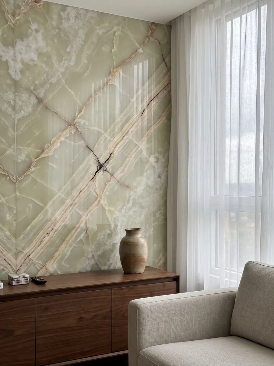 Accent wall clad in green onyx above a low wooden cabinet: translucent pale green with beige diagonal veins and a cream area at the top