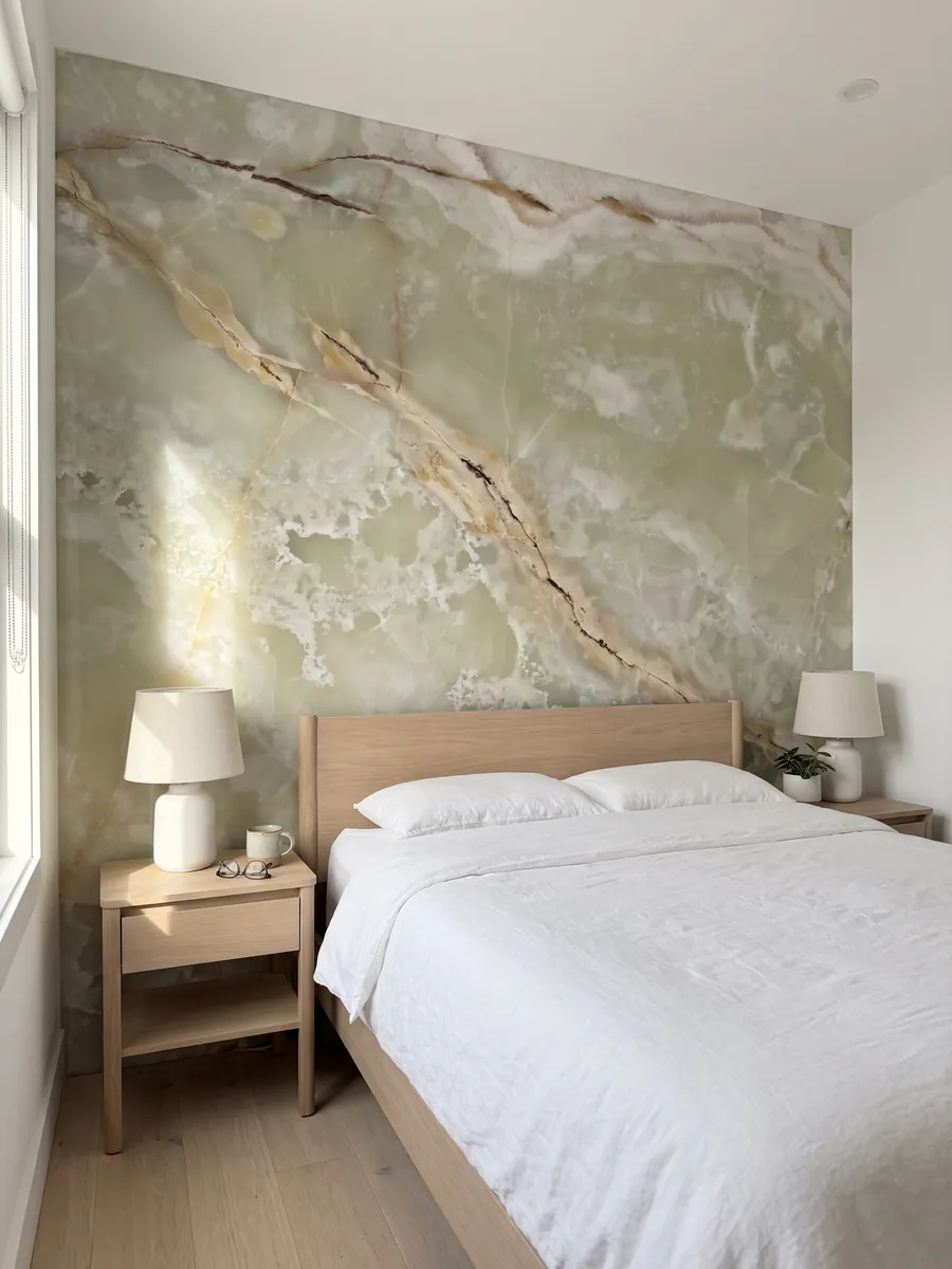 Bedroom headboard wall clad in green onyx with nightstands: translucent pale green with beige diagonal veins and a cream area at the top