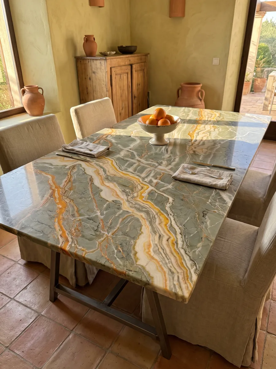Dining table with a Rainbow onyx top on a steel base: gray-green crossed by branching orange and yellow veins