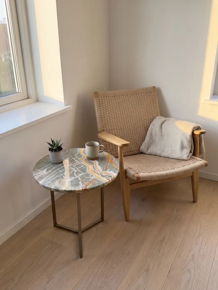 Side table with a Rainbow onyx top next to an armchair: gray-green crossed by branching orange and yellow veins